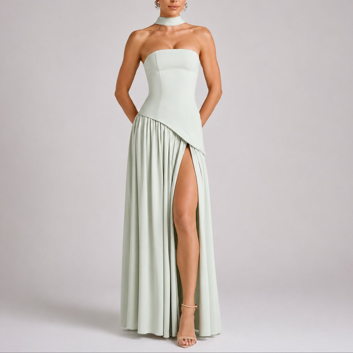 Women's Strapless Open-Back Maxi Dress - Scarf-Neck Wedding Guest - Light Green