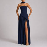 Women's Strapless Open-Back Maxi Dress - Scarf-Neck Wedding Guest - Navy