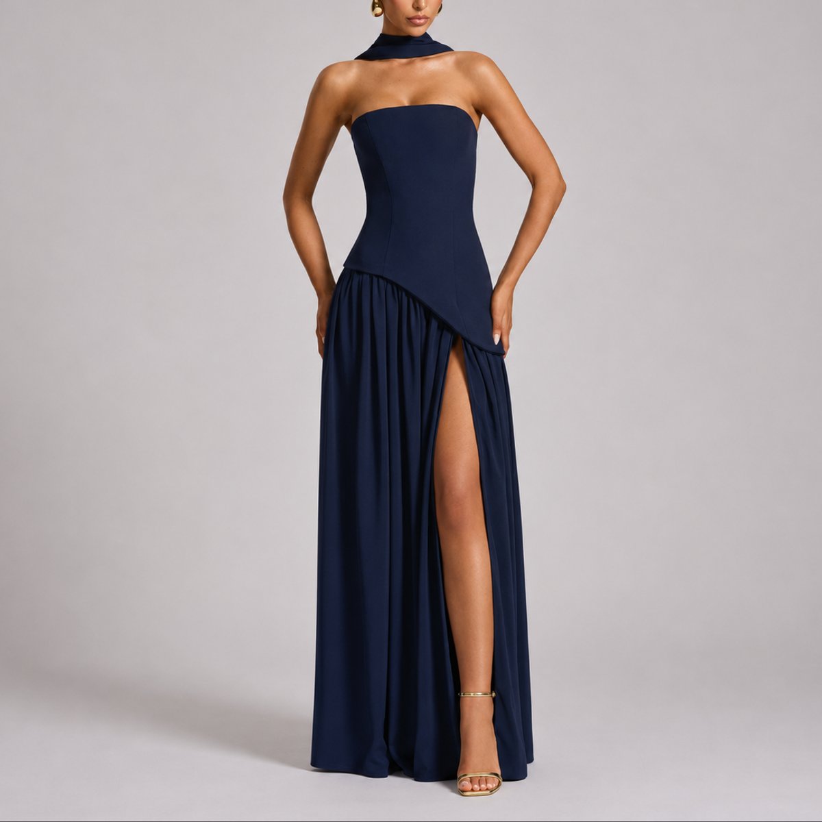 Women's Strapless Open-Back Maxi Dress - Scarf-Neck Wedding Guest - Navy