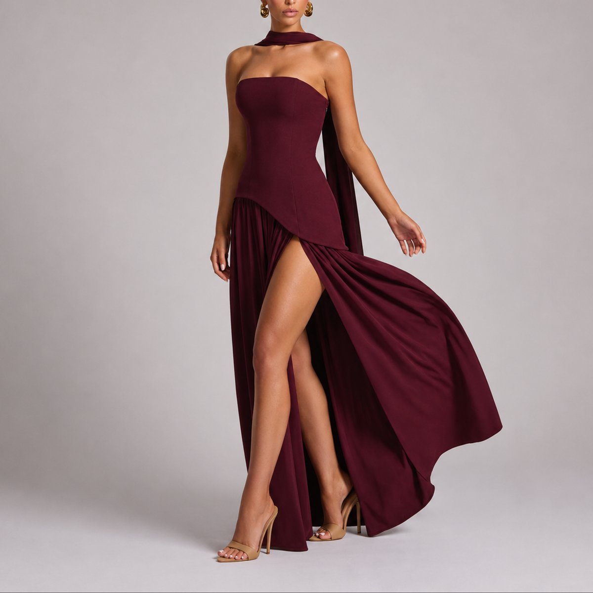 Women's Strapless Open-Back Maxi Dress - Scarf-Neck Wedding Guest - Red
