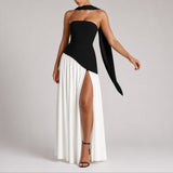 Women's Strapless Open-Back Maxi Dress - Scarf-Neck Wedding Guest - White