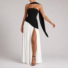 Women's Strapless Open-Back Maxi Dress - Scarf-Neck Wedding Guest - White