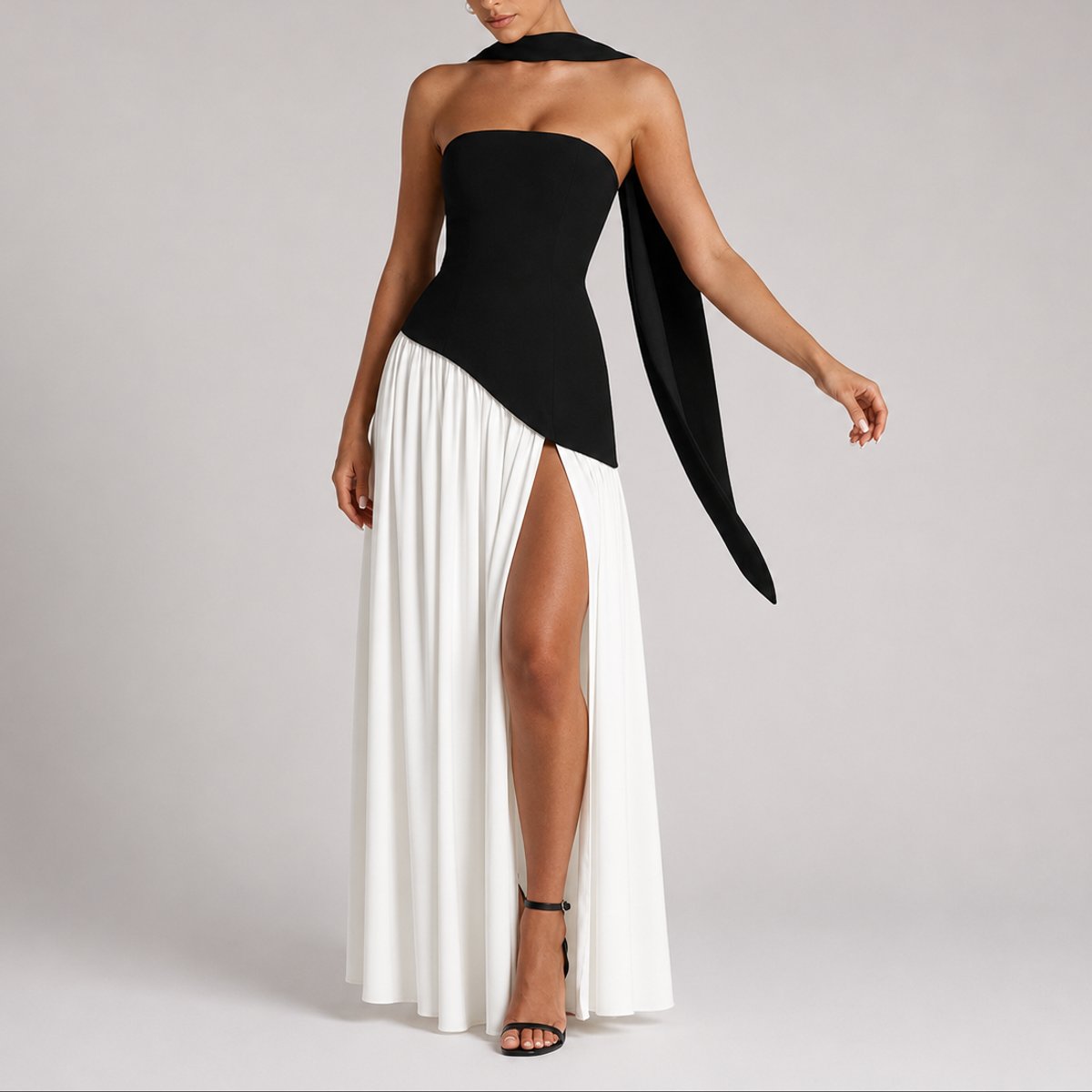 Women's Strapless Open-Back Maxi Dress - Scarf-Neck Wedding Guest - White