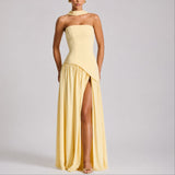 Women's Strapless Open-Back Maxi Dress - Scarf-Neck Wedding Guest - Yellow