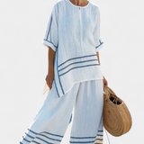 Women's Striped Asymmetrical Top & Wide-Leg Pants Set | Summer - Blue
