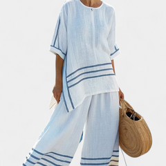 Women's Striped Asymmetrical Top & Wide-Leg Pants Set | Summer - Blue