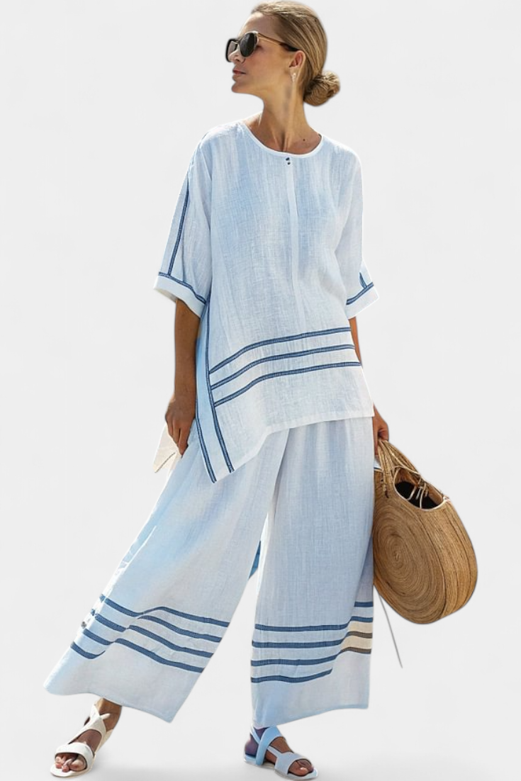 Women's Striped Asymmetrical Top & Wide-Leg Pants Set | Summer - Blue