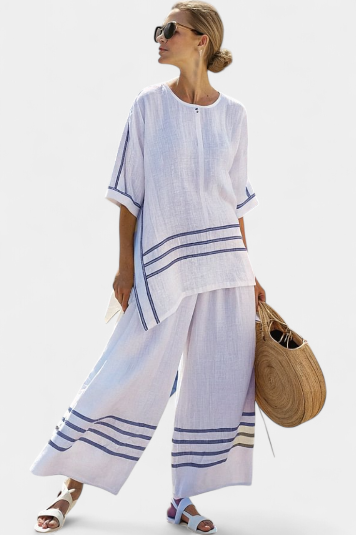 Women's Striped Asymmetrical Top & Wide-Leg Pants Set | Summer - Lilac