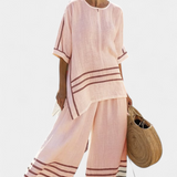 Women's Striped Asymmetrical Top & Wide-Leg Pants Set | Summer - Pink