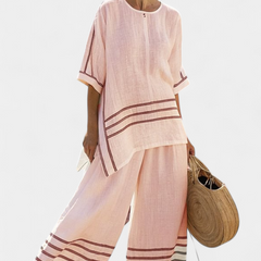 Women's Striped Asymmetrical Top & Wide-Leg Pants Set | Summer - Pink
