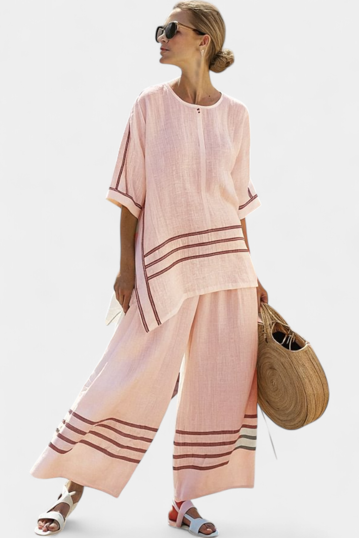 Women's Striped Asymmetrical Top & Wide-Leg Pants Set | Summer - Pink