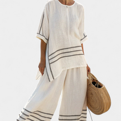 Women's Striped Asymmetrical Top & Wide-Leg Pants Set | Summer - White