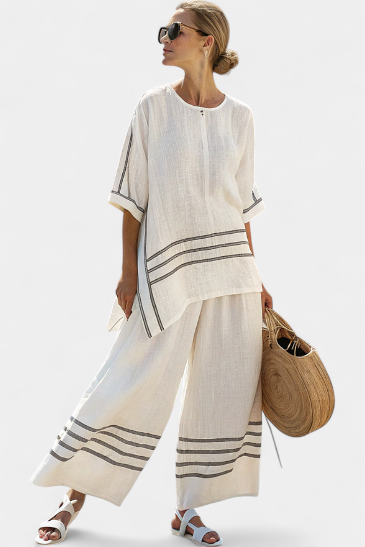 Women's Striped Asymmetrical Top & Wide-Leg Pants Set | Summer - White