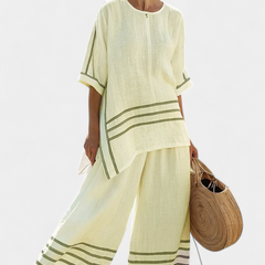 Women's Striped Asymmetrical Top & Wide-Leg Pants Set | Summer - Yellow