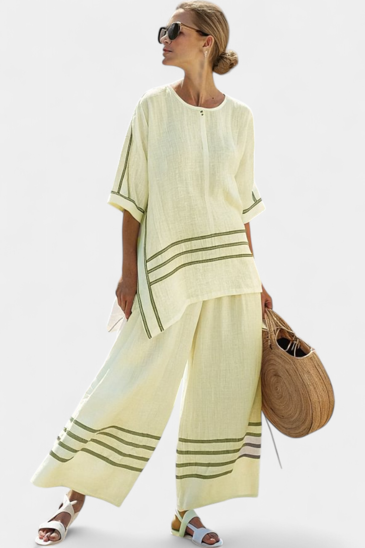 Women's Striped Asymmetrical Top & Wide-Leg Pants Set | Summer - Yellow