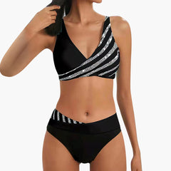 Women's Striped Bikini | Sequin Details | High-Waist | Summer - Black