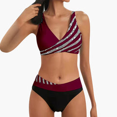 Women's Striped Bikini | Sequin Details | High-Waist | Summer - Red