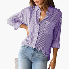 Women's Striped Blouse | Collar | Button-Front | Summer - Purple