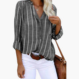 Women's Striped Blouse | V-Neck | Long Sleeves with Buttons | Spring - Gray