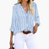 Women's Striped Blouse | V-Neck | Long Sleeves with Buttons | Spring - Sky Blue