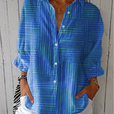 Women's Striped Button Front Blouse V-Neck Relaxed Fit | Spring - Blue