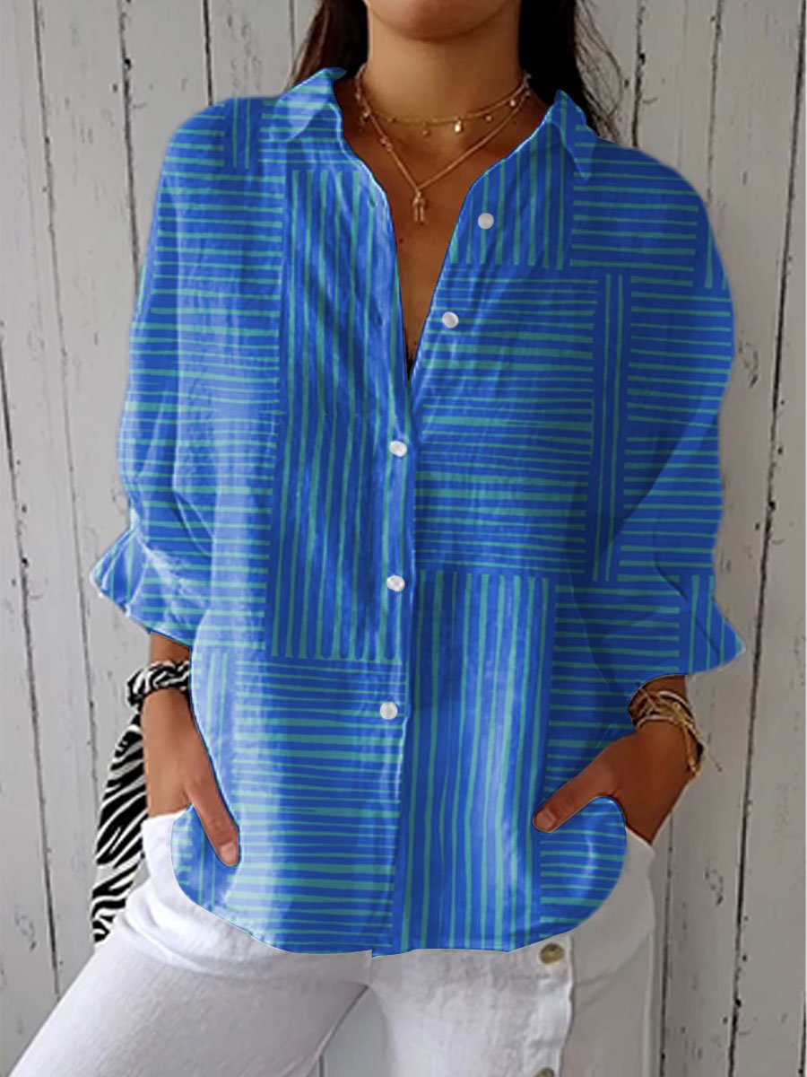Women's Striped Button Front Blouse V-Neck Relaxed Fit | Spring - Blue