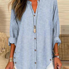 Women's Striped Button-Front Shirt - Relaxed Summer Blouse - Blue