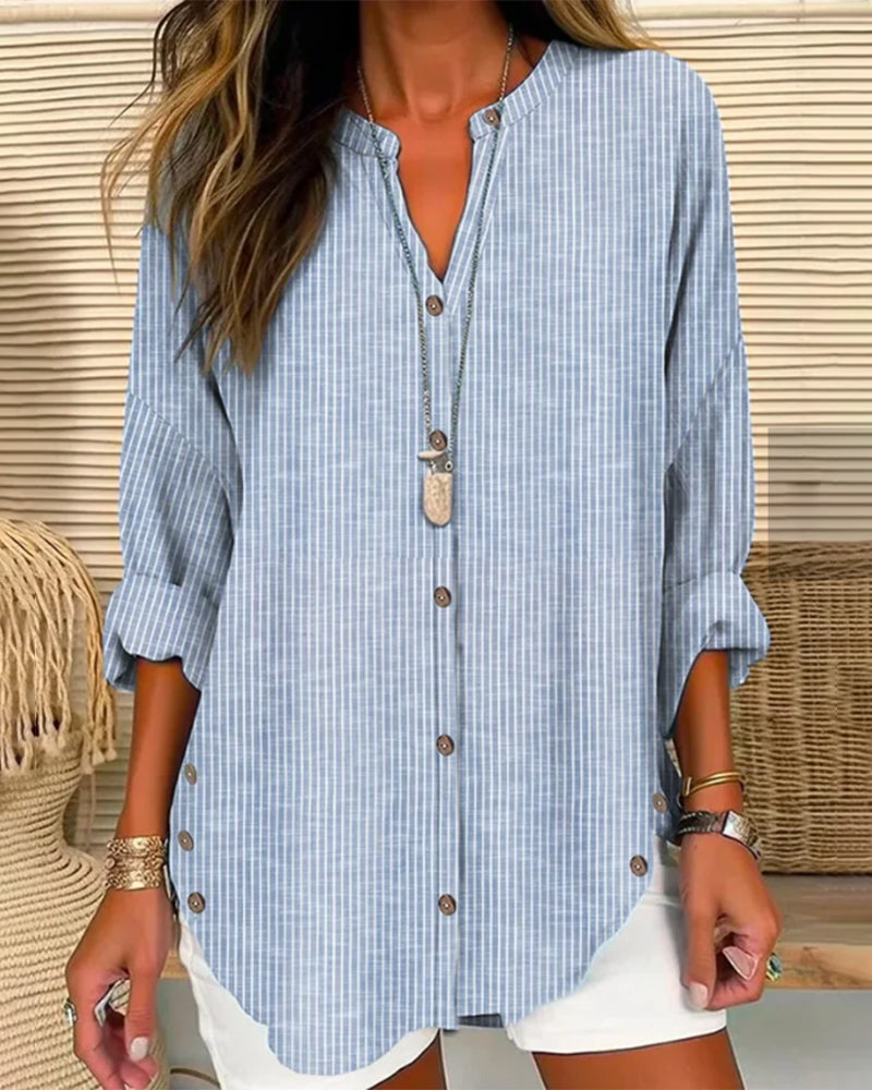 Women's Striped Button-Front Shirt - Relaxed Summer Blouse - Blue