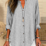 Women's Striped Button-Front Shirt - Relaxed Summer Blouse - Grey