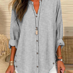 Women's Striped Button-Front Shirt - Relaxed Summer Blouse - Grey