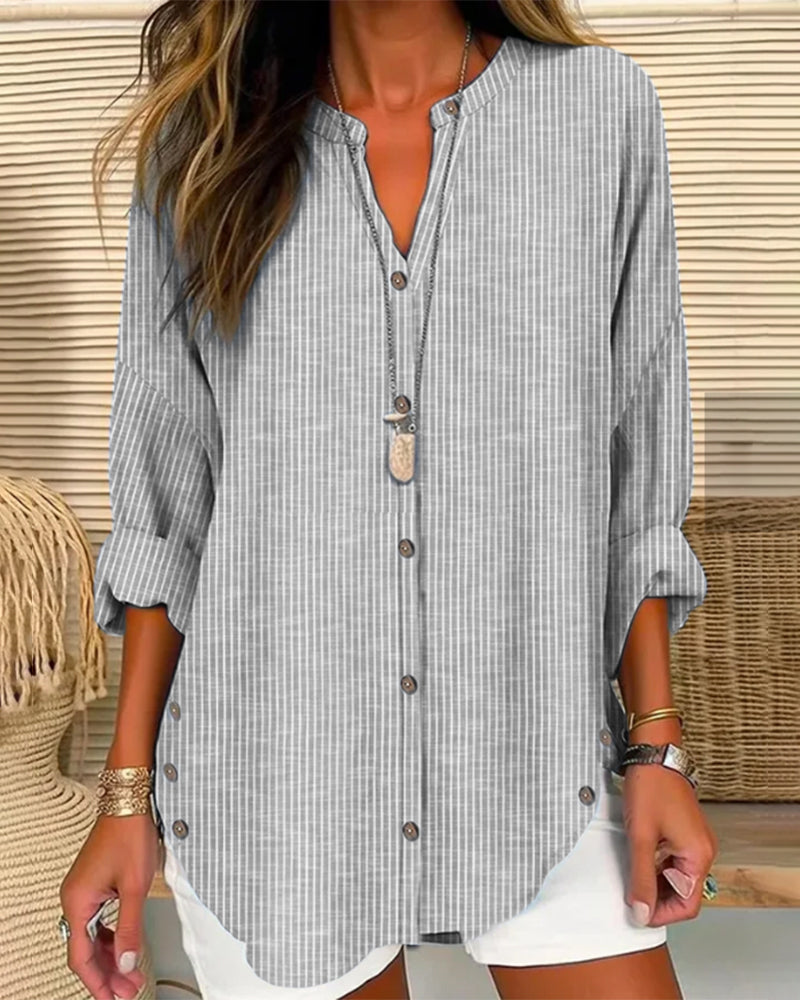 Women's Striped Button-Front Shirt - Relaxed Summer Blouse - Grey