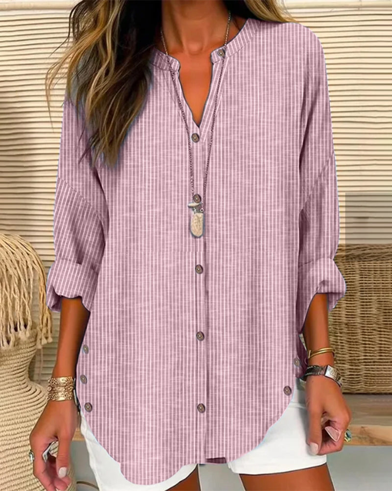 Women's Striped Button-Front Shirt - Relaxed Summer Blouse - Light Pink