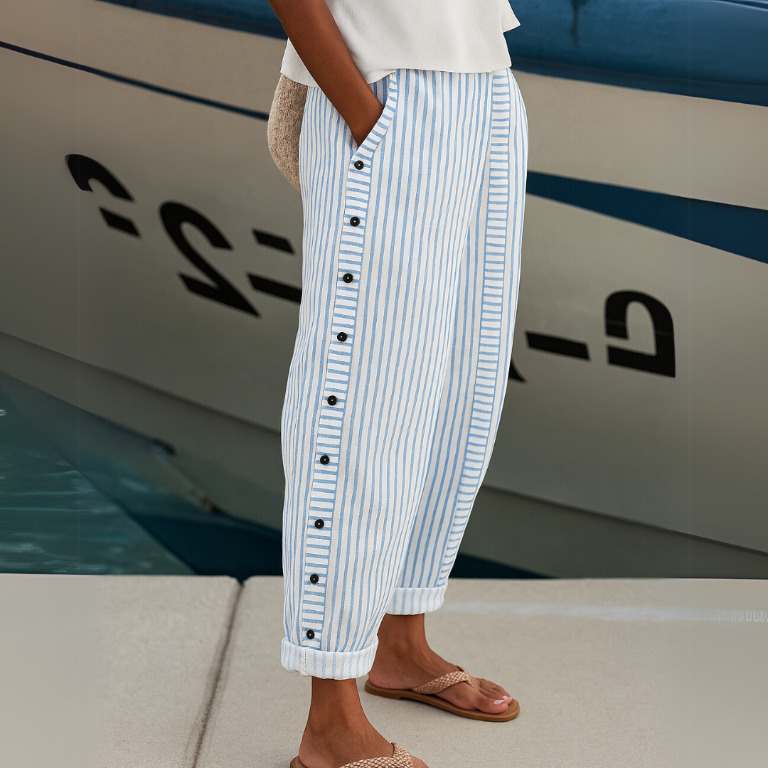 Women's Striped Casual Pants - Relaxed Fit Comfort | Spring - Blue