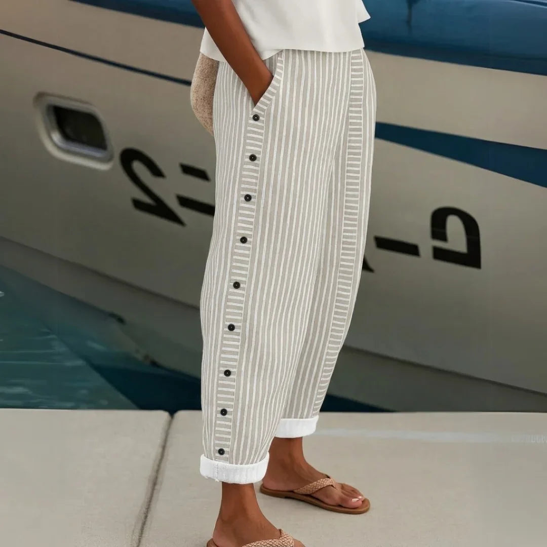 Women's Striped Casual Pants - Relaxed Fit Comfort | Spring - Khaki