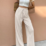 Women's Striped High-Waist Wide Leg Pants - Drawstring Waist | Spring - Apricot