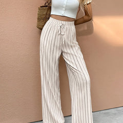 Women's Striped High-Waist Wide Leg Pants - Drawstring Waist | Spring - Apricot
