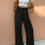 Women's Striped High-Waist Wide Leg Pants - Drawstring Waist | Spring - Black
