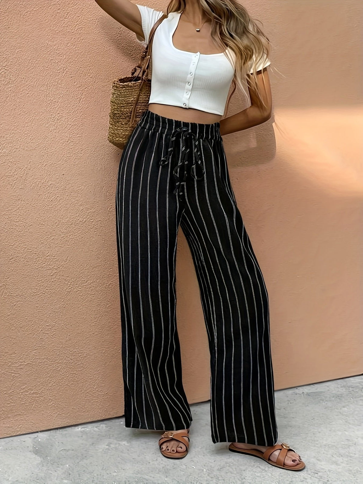 Women's Striped High-Waist Wide Leg Pants - Drawstring Waist | Spring - Black