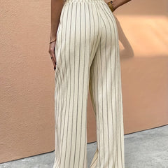 Women's Striped High-Waist Wide Leg Pants - Drawstring Waist | Spring