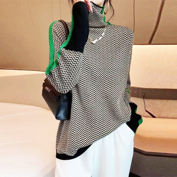 Women's Striped Knit Sweater - Cozy Everyday Style | Autumn - Green