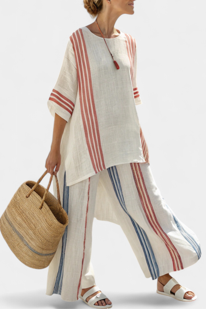 Women's Striped Linen Pant Set - Relaxed Fit | Summer
