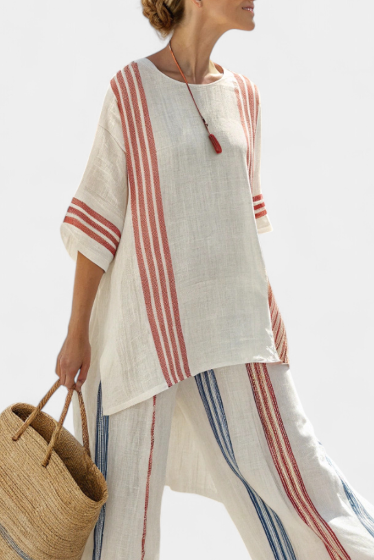 Women's Striped Linen Pant Set - Relaxed Fit | Summer