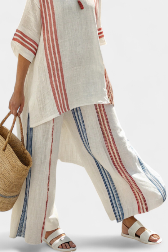 Women's Striped Linen Pant Set - Relaxed Fit | Summer
