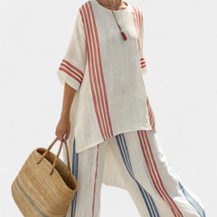 Women's Striped Linen Pant Set - Relaxed Fit | Summer - Multi Stripe