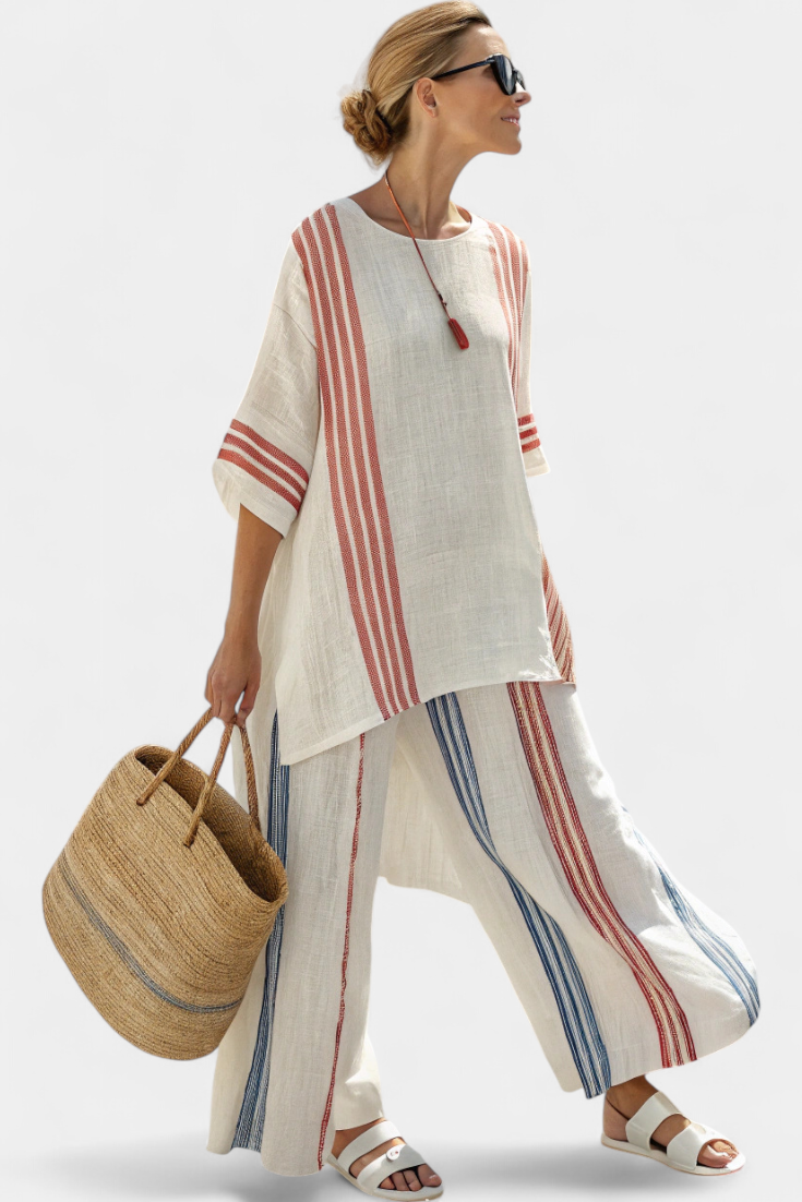 Women's Striped Linen Pant Set - Relaxed Fit | Summer - Multi Stripe