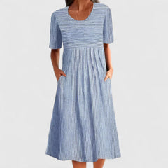 Women's Striped Midi Dress with Wooden Buttons | Spring - Blue