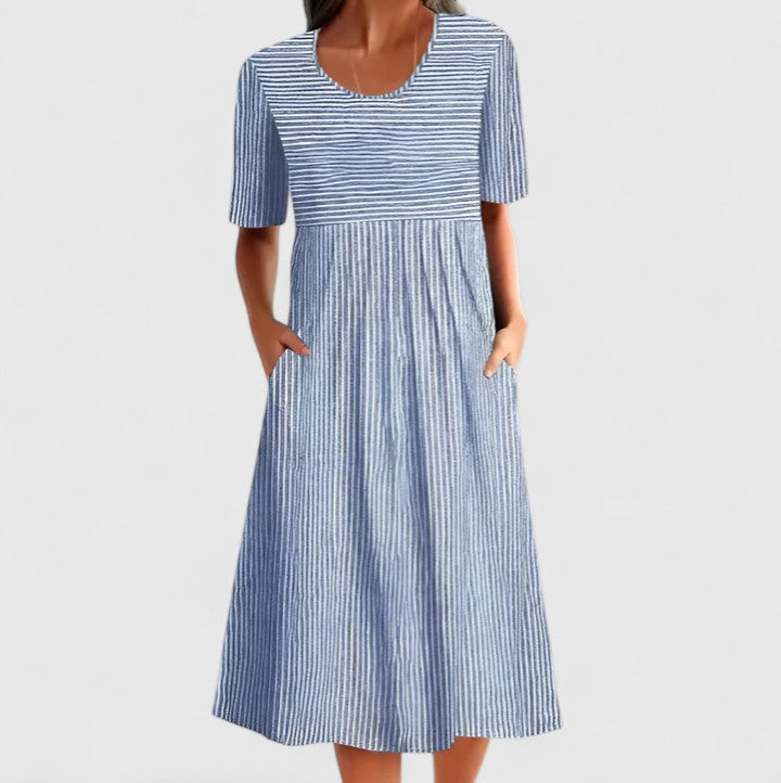 Women's Striped Midi Dress with Wooden Buttons | Spring - Blue