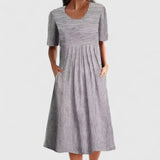 Women's Striped Midi Dress with Wooden Buttons | Spring - Grey