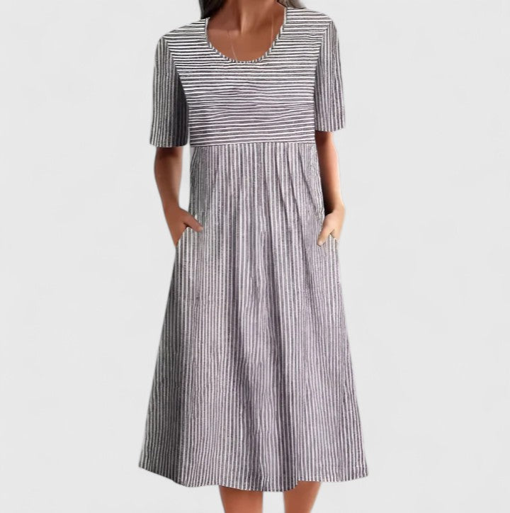 Women's Striped Midi Dress with Wooden Buttons | Spring - Grey