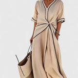 Women's Striped Summer Dress - Lightweight Elegance - Beige